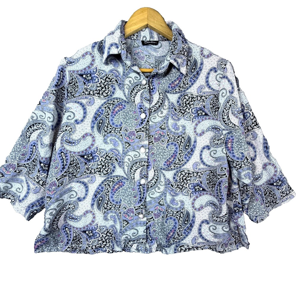 Vintage Dindin Secretary Blouse Womens Grey Blue 80s Paisley Summer Button Up